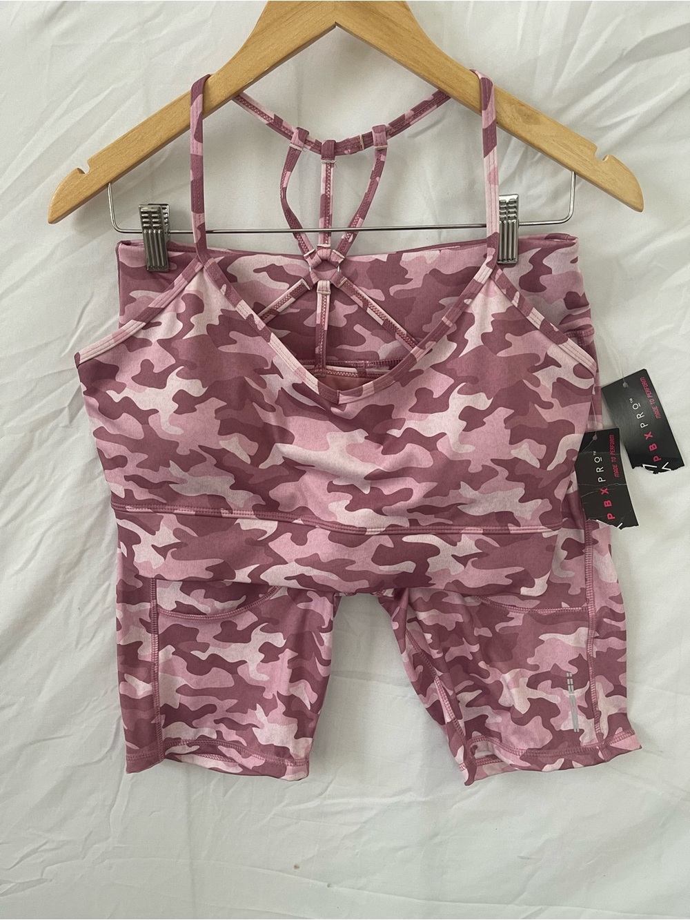 Pink Camo Strappy Sports Bra & Bike Short Set- Top - Large /Bottom-Medium